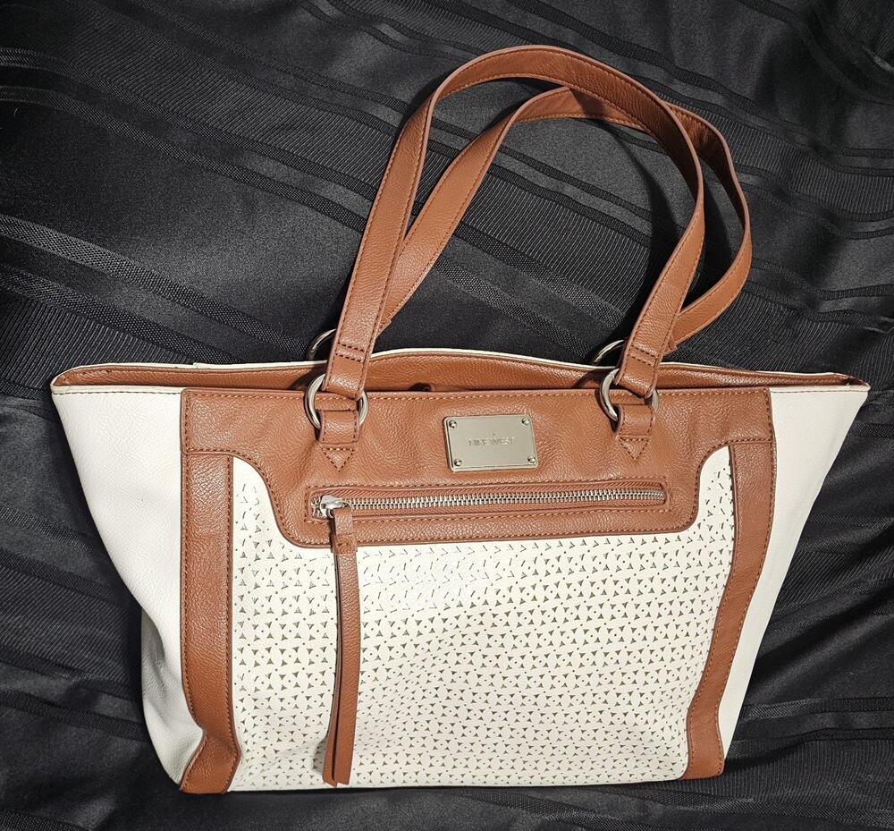 Nine West Laser Cut Tote Bag White Brown Shoulder Purse Handbag Perforated